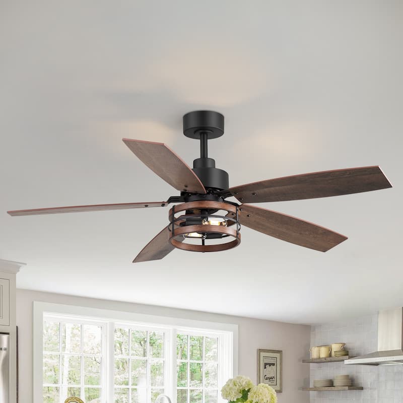 52" Farmhouse 5-Blade Black Caged Ceiling Fan with Light and Remote