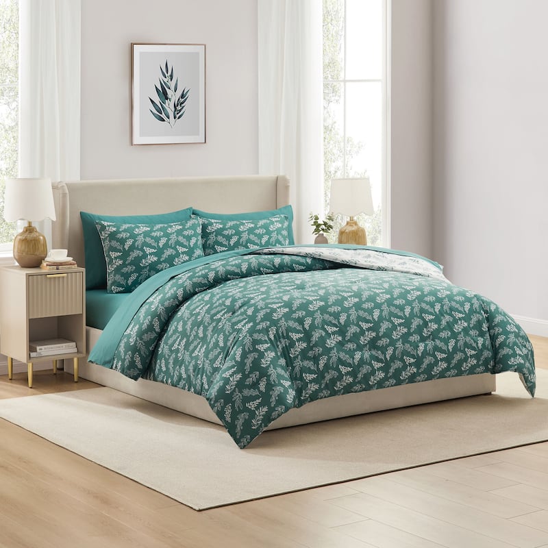 Empyrean 7 Pc Botanical Comforter Set with Sheets, Soft Breathable Lightweight Bedding Bag - Gentle Pine/Cloudstone - King