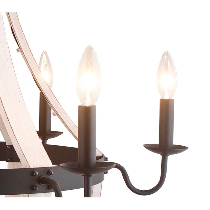Cassidi 6 light chandelier in Antique White wood and Matte black metal