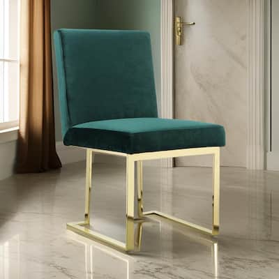 Boly 24 Inch Side Dining Chair Set of 2, Green Velvet, Gold Cantilever