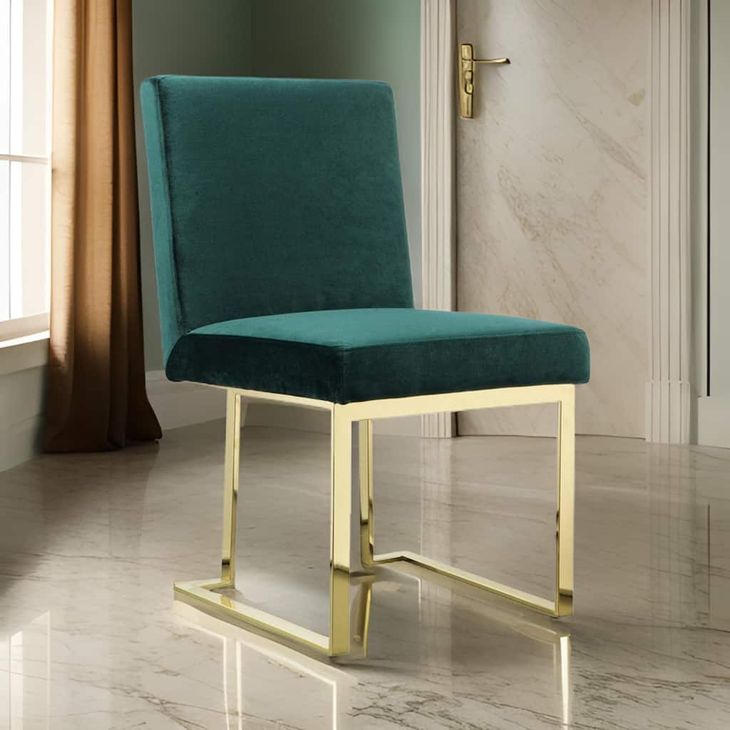 Boly 24 Inch Side Dining Chair Set of 2, Green Velvet, Gold Cantilever
