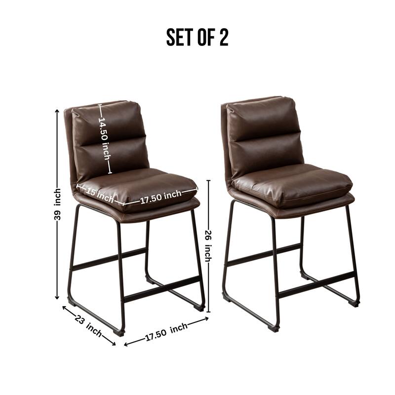 Metal Frame Bar Stools Set of 2, Faux Leather Upholstered Counter Height Bar Chair with Footrest for Kitchen, Dining Room