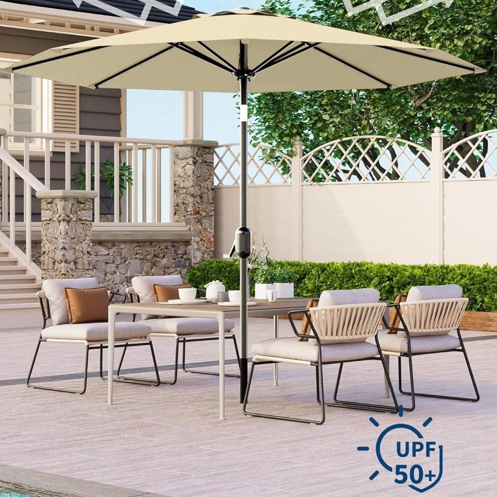 9 Ft Patio Umbrella with Solar Lights for Pool, Deck, Backyard