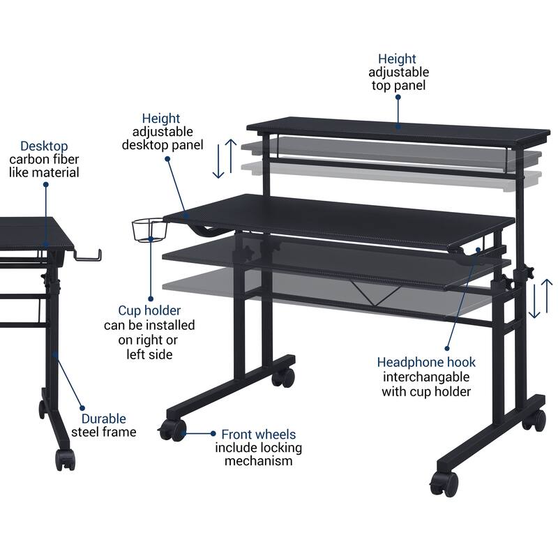 Rolling Writing Desk with Height Adjustable Desktop and Moveable Shelf