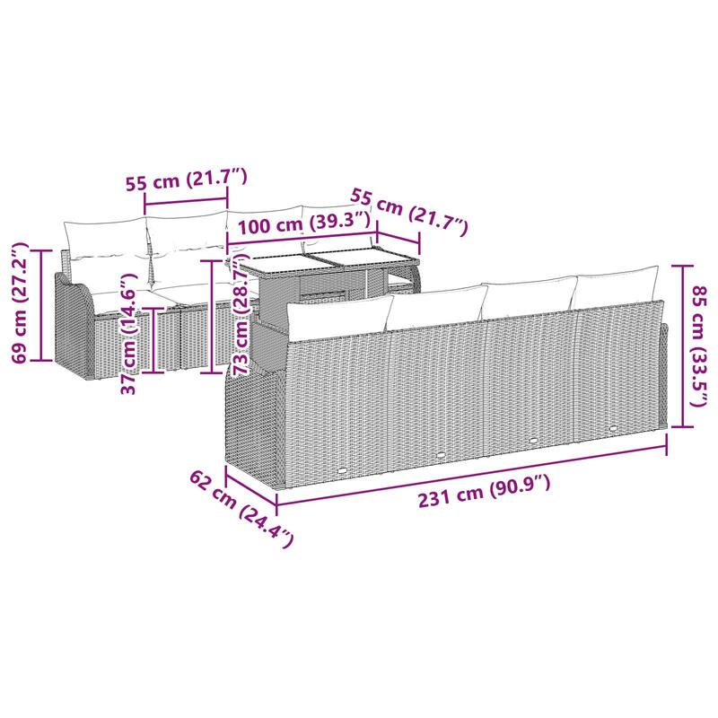 vidaXL 8/9 Garden Sofa Set with Cushions Black/Brown/Grey Poly Rattan - 113.8 x 48.2 x 27.2