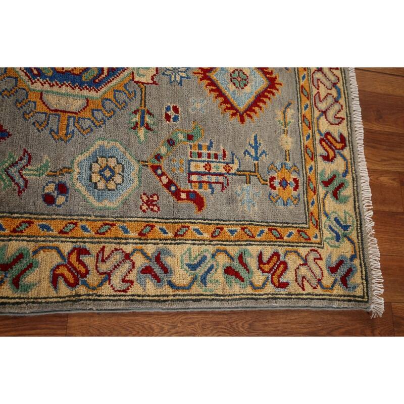 Geometric Kazak Runner Rug Hand-Knotted Grey Wool Carpet - 2'7" x 16'3"