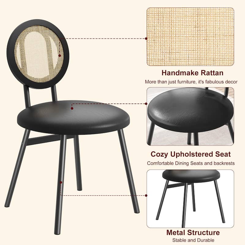 Boho Dining Chairs Set with Thicken Upholstered Natural Rattan Back