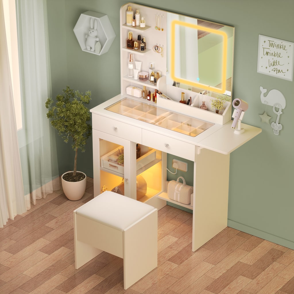 Small Vanity Desk with Mirror and Lights and Chair, Makeup Vanity with Glass Top and 2 USB Power Strip,2 Drawers and 1 Cabinet