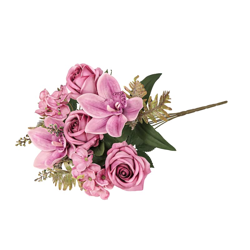 Set of 2 Plum Mauve Artificial Mixed Rose Cymbidium Orchid Hydrangea Flower Stem Bush Bouquet 16in - 16" L x 9" W x 9" DP