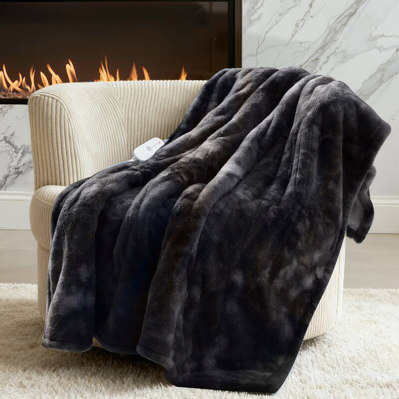 Plush Reversible Flannel and Sherpa Electric Throw Blanket with Safe Auto Shut-Off - Black-Twin - Twin