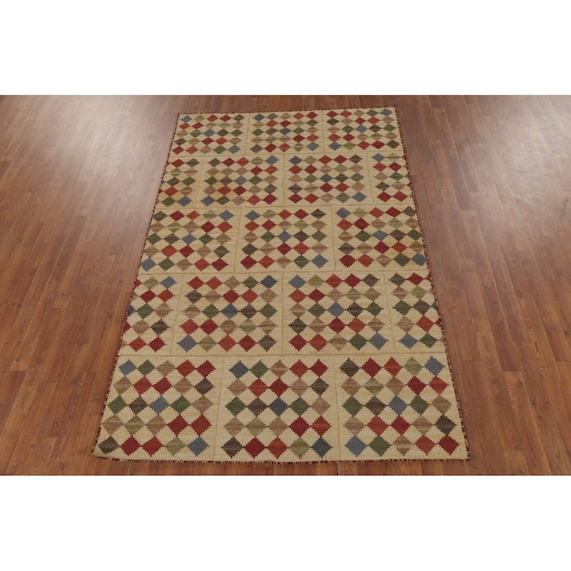 All-Over Flat Weave Geometric Kilim Indian Rug Handmade Wool Carpet - 5'0"x 7'10"