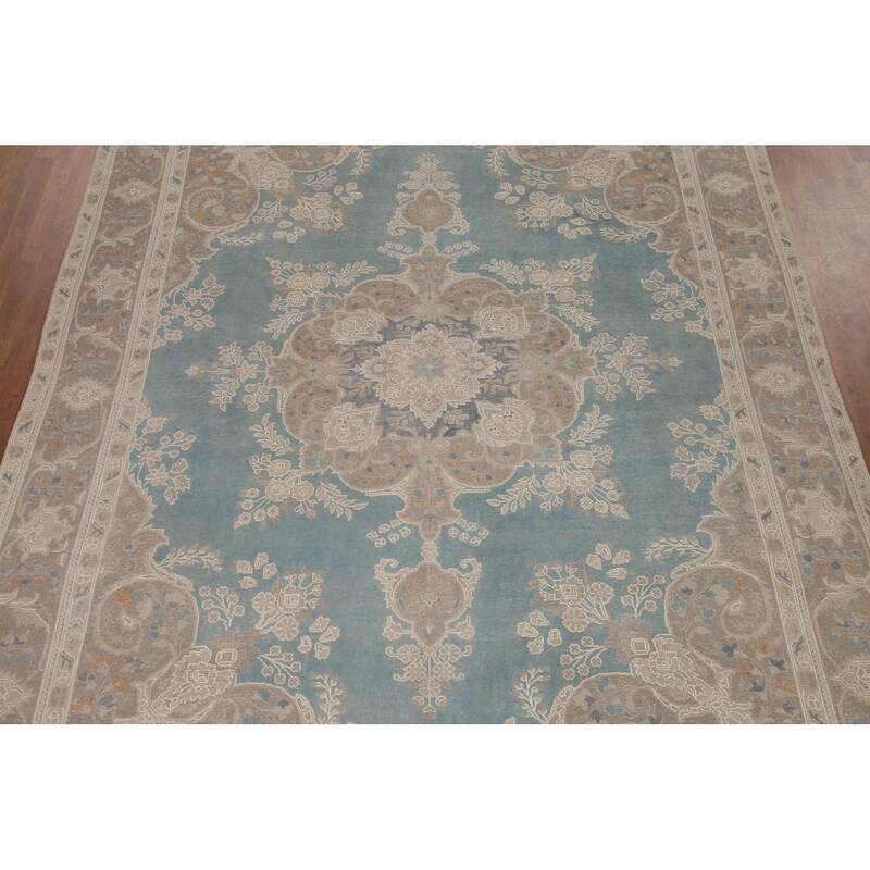 Hand Knotted Oriental 100% Wool Carpet Traditional Floral Navy Blue & Blues Tabriz Area Rug - 13' 0'' X 9' 8''