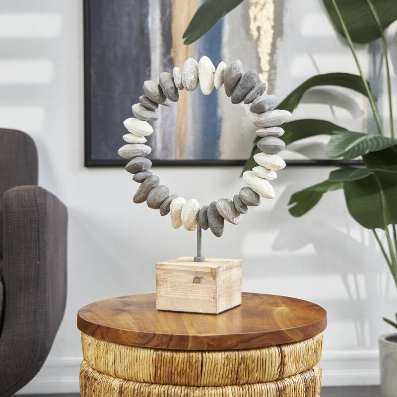 Metal Abstract Circular Stone Decorative Sculpture with Brown Wooden Base - Gray - Roche River Decor