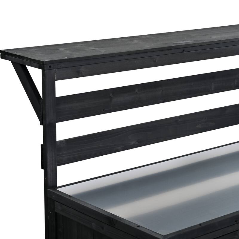 Solid Wood 62.3'' Patio Kitchen Island Kitchen Cart with Stainless Table Top, Garden Potting Bench with Raised Shelf and Drawers