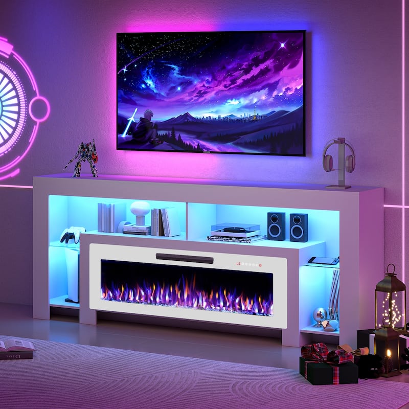 BOSSIN 82" Electric Fireplace TV Stand Entertainment Center, High Gloss with LED Lights, Holds TVs Up to 90 Inches, White - New White