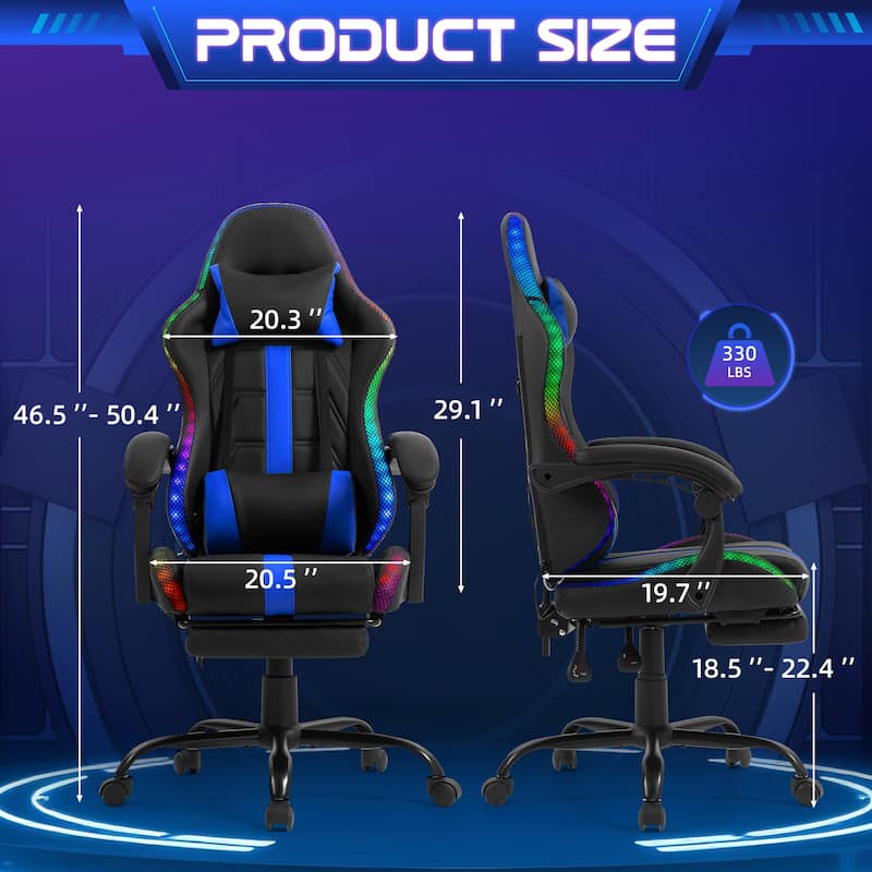 EROMMY RGB LED Gaming Chair with Thickened Massage Lumbar Pillow & Upgraded Footrest, Reclining Ergonomic Chair
