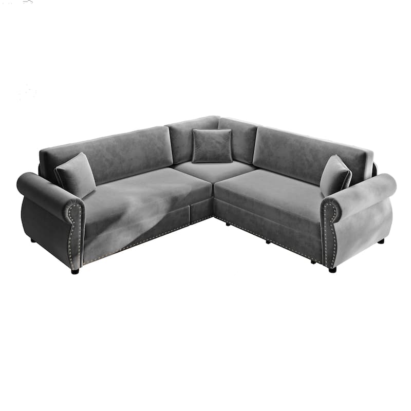 88.2" L-Shaped Sleeper Sectional Sofa with Pull-Out Bed - Chenille Convertible Couch, Nailhead Trim, for Living Room