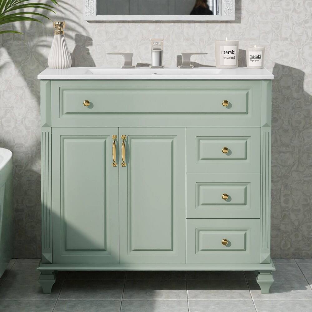 36" Green Bathroom Vanity with Sink, Solid Wood Cabinet, Flip Drawer, 3 Drawers & 2 Doors, Gold Handles, Modern Storage