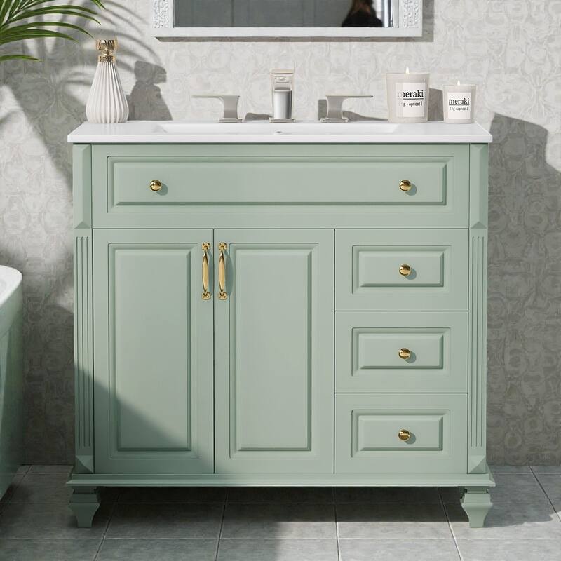 36" Green Bathroom Vanity with Sink, Solid Wood Cabinet, Flip Drawer, 3 Drawers & 2 Doors, Gold Handles, Modern Storage - Green