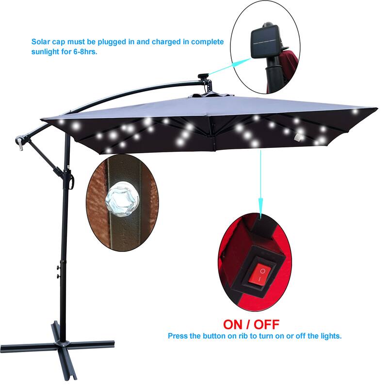 Square 2.5X2.5M Patio Umbrella Solar Powered LED Lighted Sun Shade Market Waterproof 8 Ribs Umbrella with Crank and Cross Base