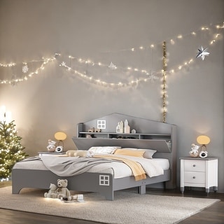 Wooden Full Size House Bed with Storage Headboard and Shelf, Kids Bed