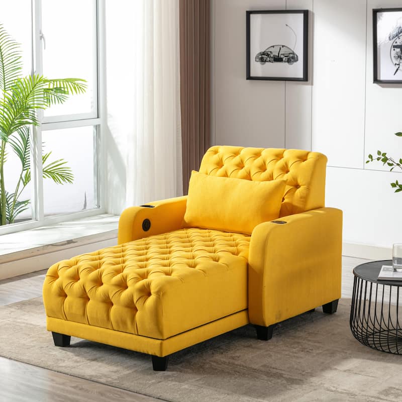 Functional Living Room Leisure Sofa Chair Bedroom Lounger with Buttons to Adjust Backrest - Yellow