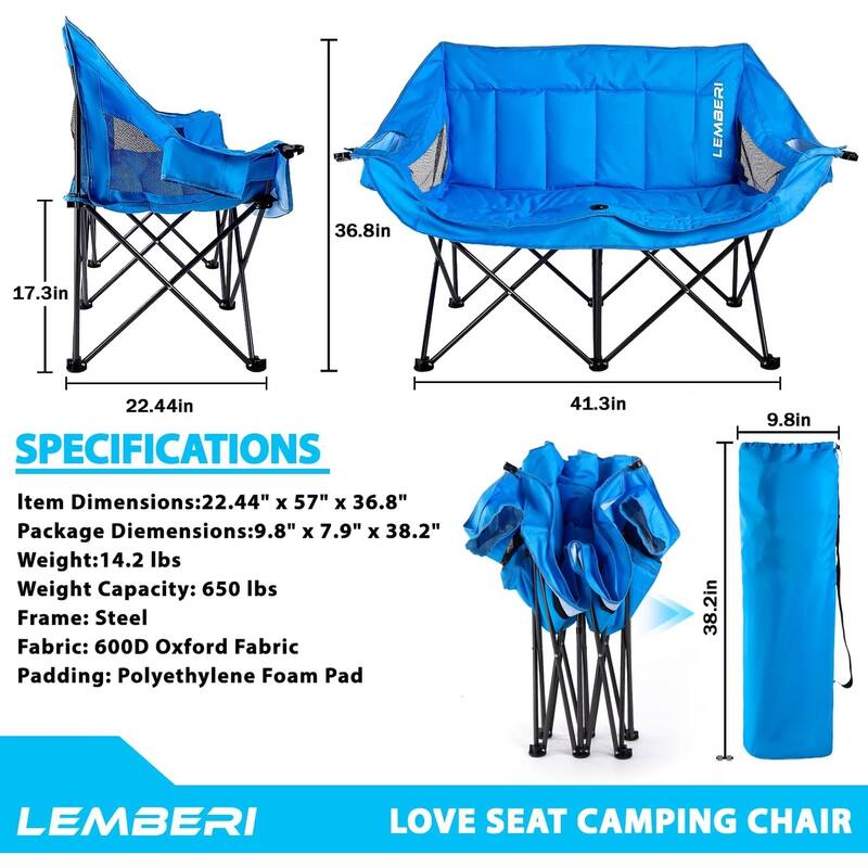 BOSSIN Double Outdoor Camping Chair - Heavy-Duty 650lb XL Folding Loveseat with Cup Holders, Back Storage & Carry Strap