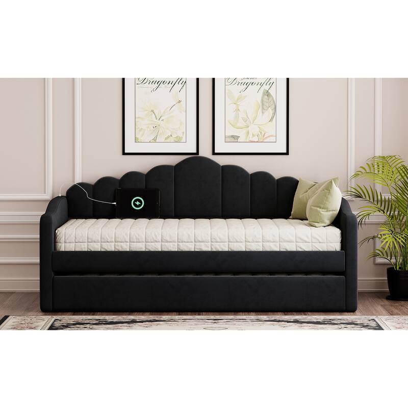Twin Upholstered Velvet Daybed with Trundle and USB Charging Ports, Black