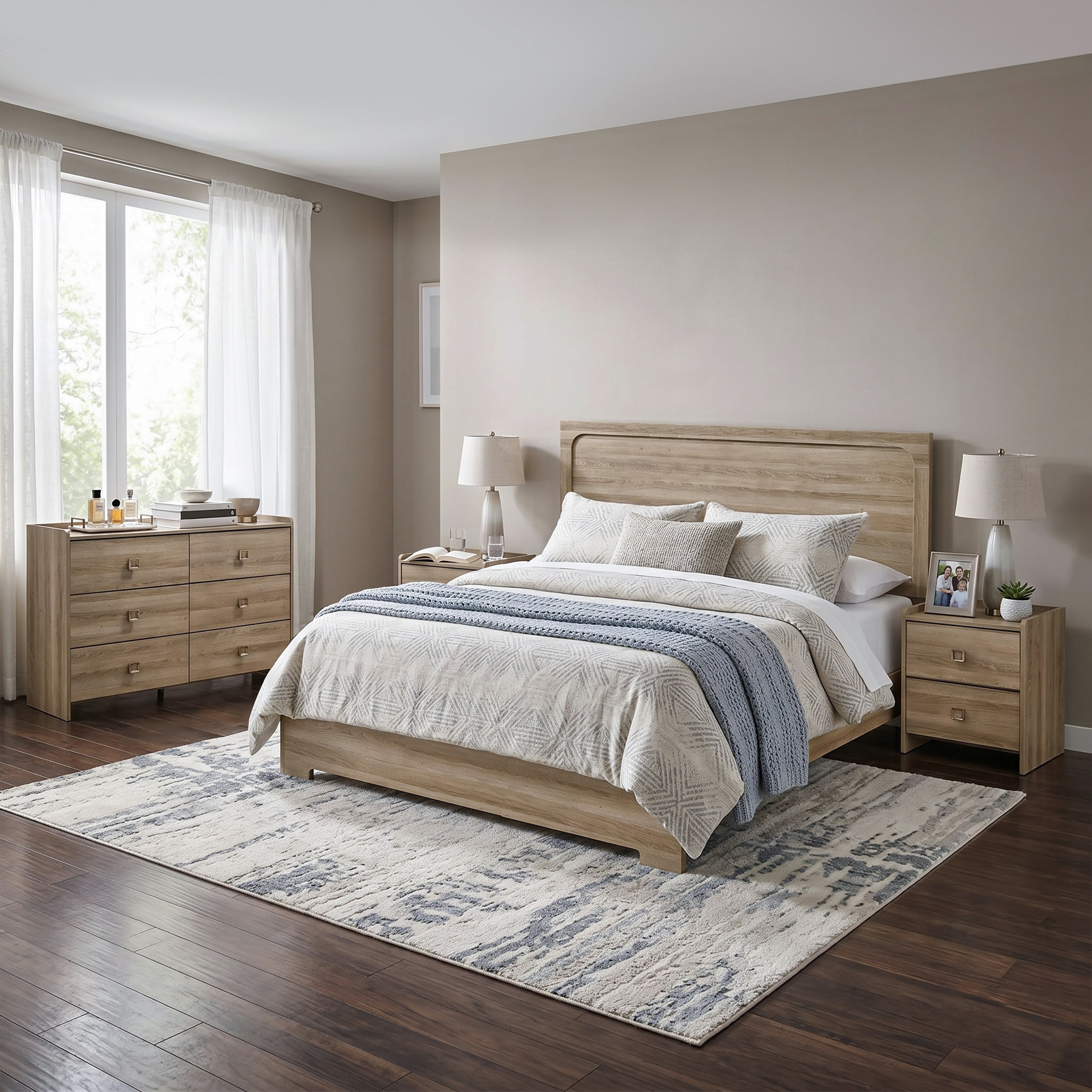 Furniture of America Valio Modern 4-Piece Dusty Oak Wood Bedroom Set with Dresser and 2 Nightstands