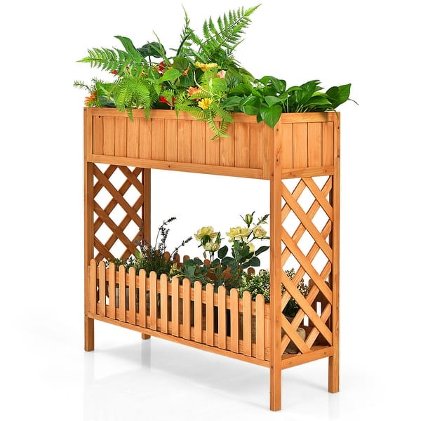 slide 2 of 10, Gymax 2-Tier Raised Garden Bed Elevated Wood Planter Box for Vegetable - 37.5'' x 12.5'' x 35.5'' Brown - 37.5'' x 12.5'' x 35.5''