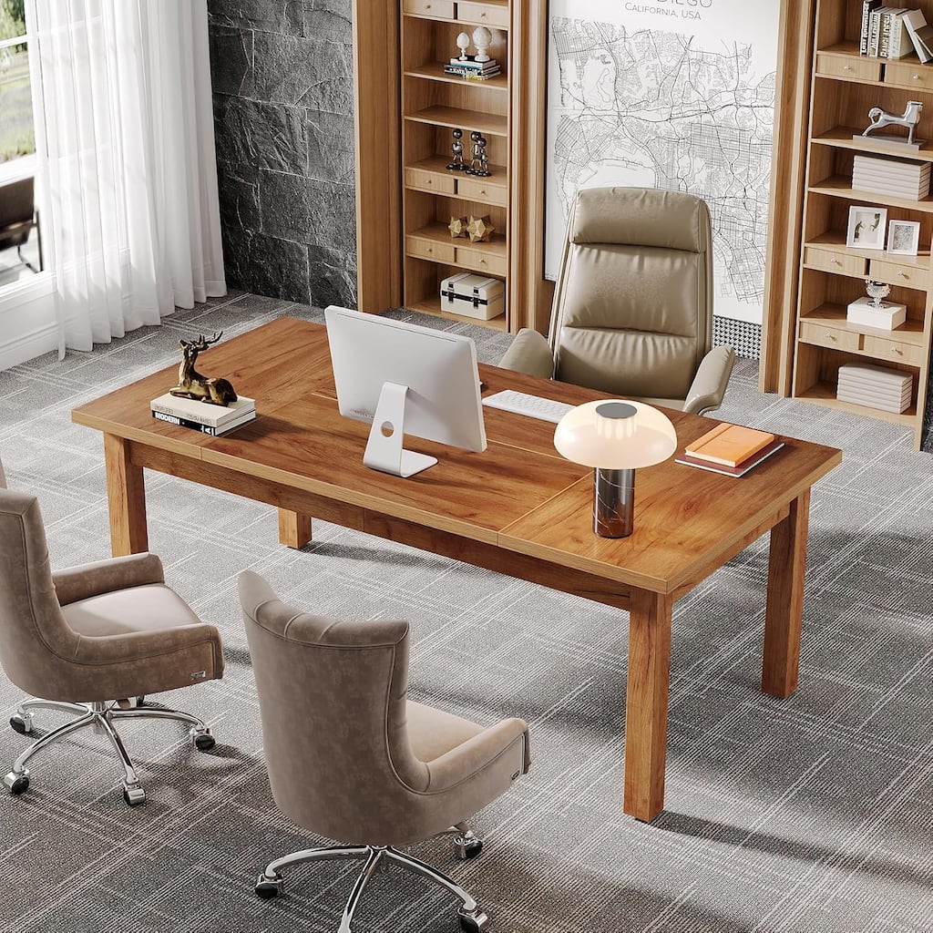 70 Inch Large Computer Desk, Farmhouse Office Desk Light Brown