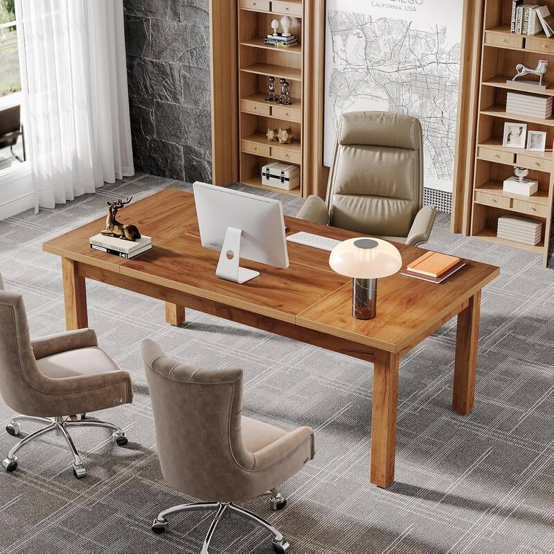 70 Inch Large Computer Desk, Farmhouse Office Desk Light Brown