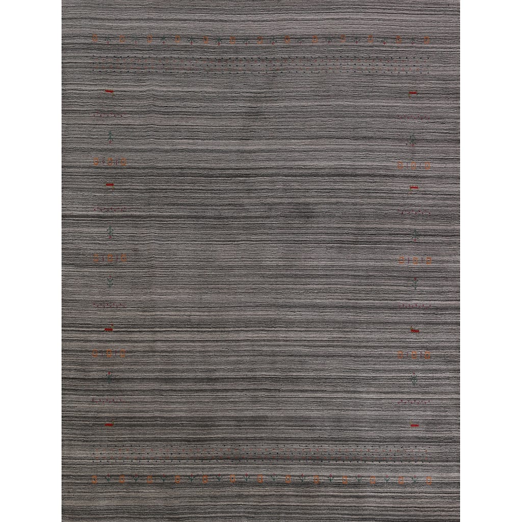 Hand Knotted Oriental 100% Wool Carpet Tribal Stripe Greys & Charcoal Gabbeh Area Rug - 9' 9'' X 8' 1''