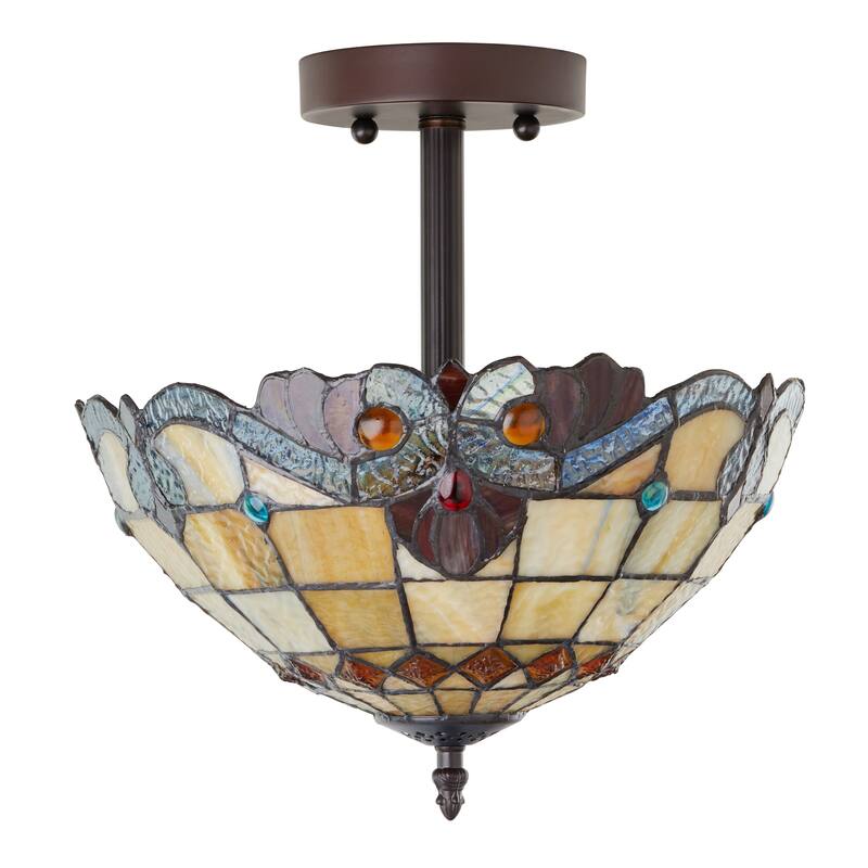 Mila River of Goods Red/Amber/Blue Stained Glass Bowl Shade 13-Inch Ceiling Light - 12.5" x 12.5" x 13"