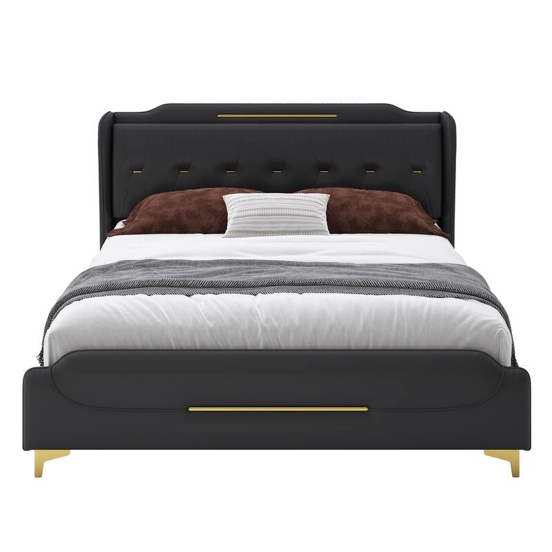 King Size PU Upholstered Platform bed with Wingback Headboard And Footboard