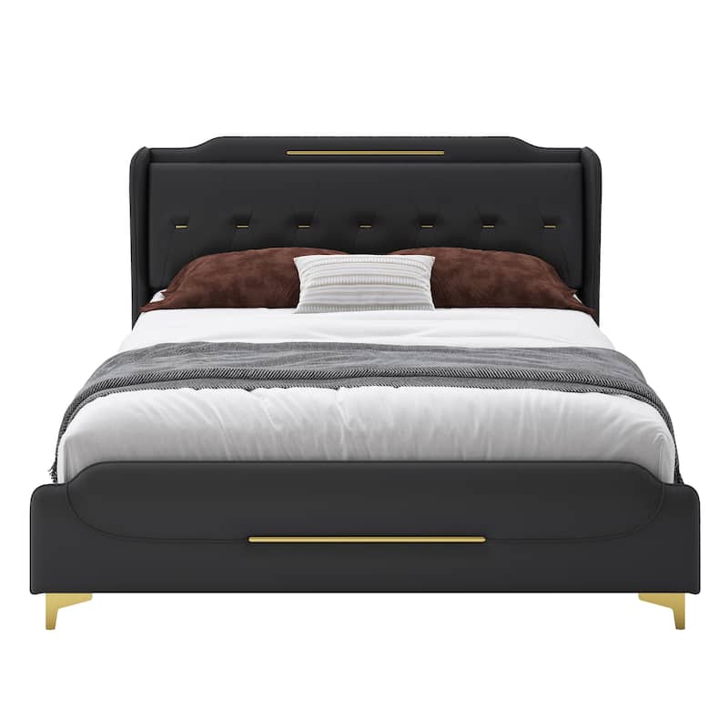 Queen Size Leather Bed frame with Wingback Headboard & Footboard, PU Upholstered Platform bed, Solid Wooden Slats Support