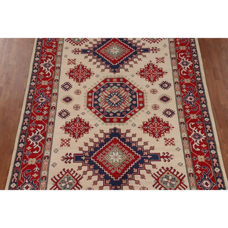 Geometric Kazak Area Rug Hand-Knotted Beige Oriental Wool Carpet - 6'9" x 9'9"