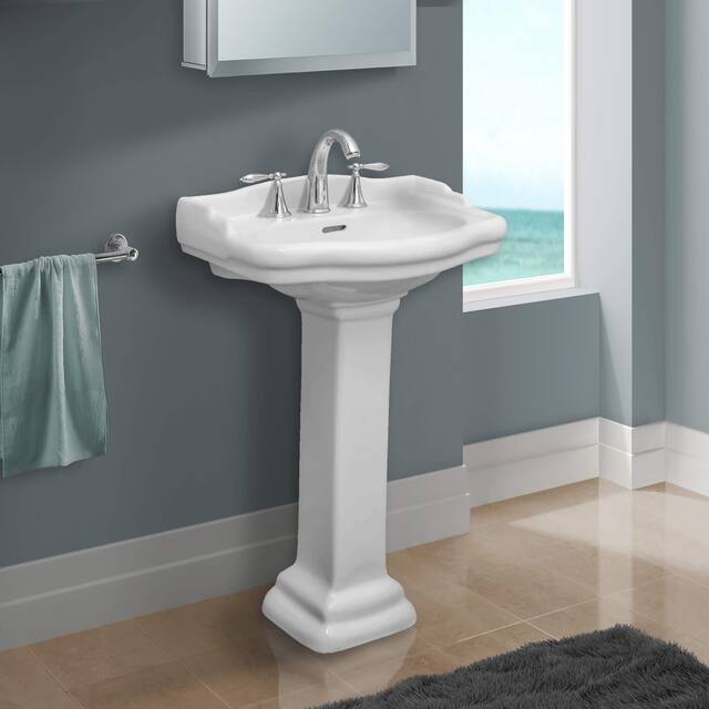 Fine Fixtures, Roosevelt White Pedestal Sink - Vitreous China Ceramic Material - White - 18 Inch- 4" CC Faucet Hole