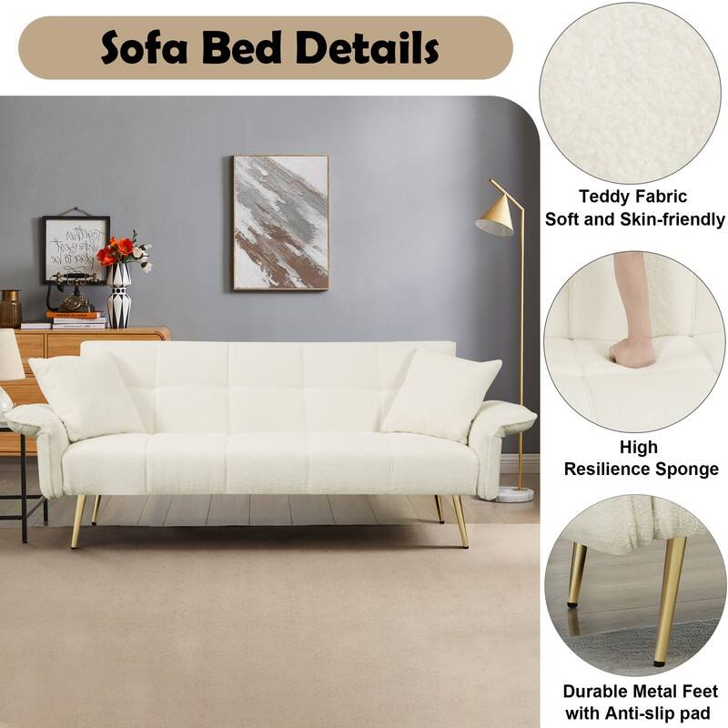 70.1" Teddy fleece Futon Couch Sofa Bed Folding Sleeper with Adjustable Armrests Backrest
