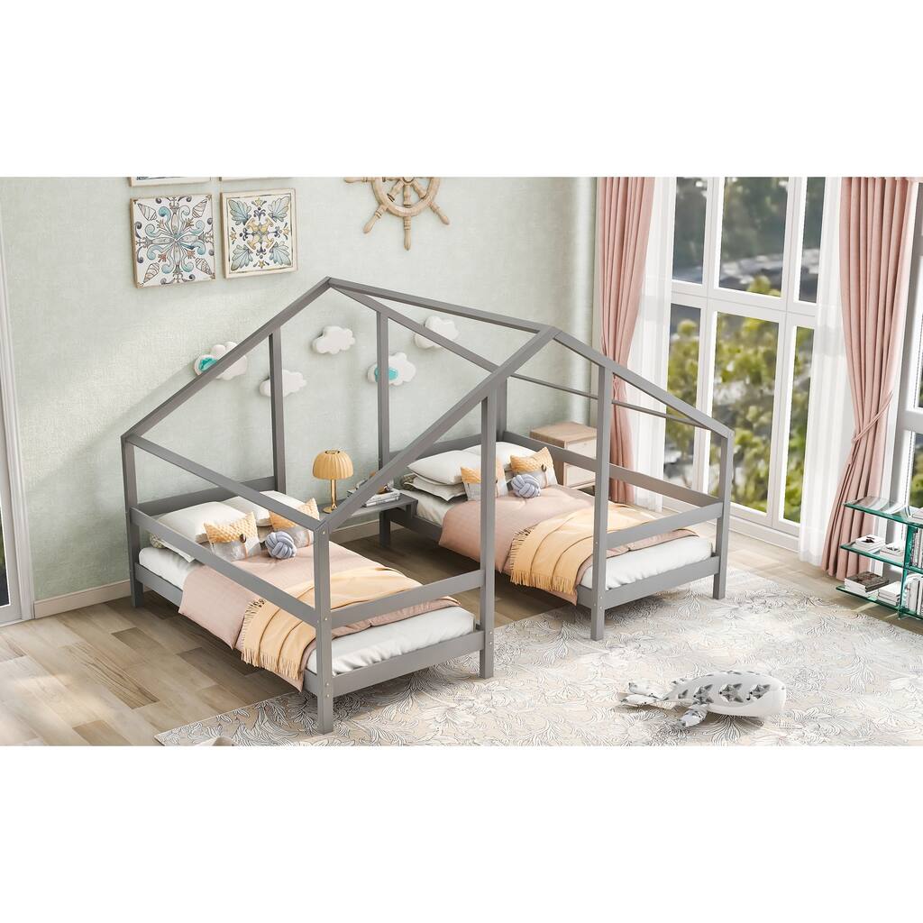 Double Twin Size Triangular House Beds with Built-in Table For Two Kids
