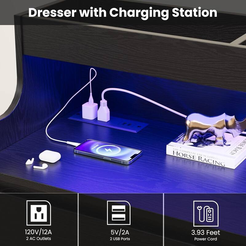 Dresser for Bedroom with 6 Drawers, Modern Chest Featuring LED Lights and Charging Station