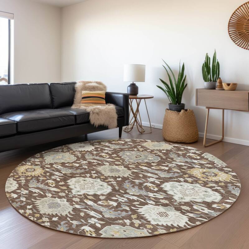 Machine Washable Indoor/ Outdoor Traditional Kashan Chantille Rug - Brown - 8' x 8'