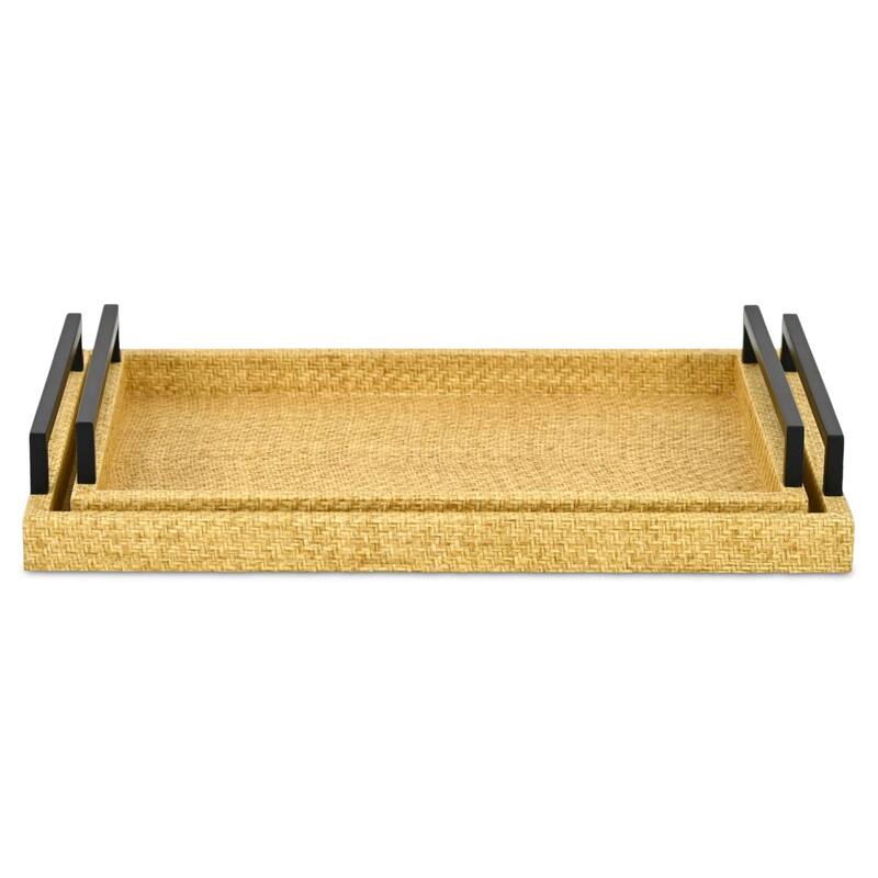 Ferelith Set of 2 Rectangular Decorative Serving Trays - Light Brown Wicker Rattan Pattern for Display, and Organization