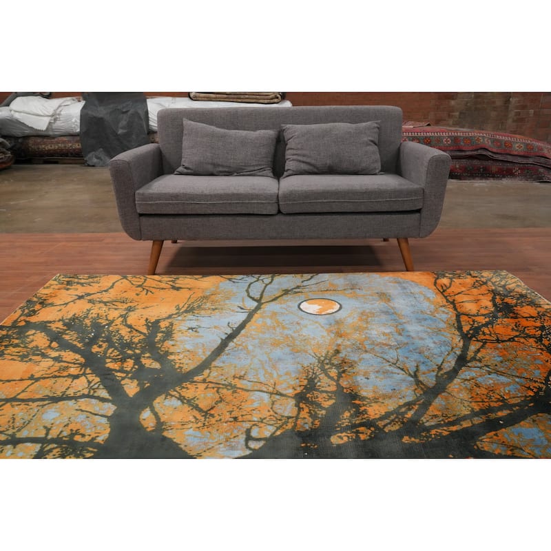Hand Knotted Oriental Viscose Silk Carpet Modern Pictorial Oranges & Rust Abstract Area Rug - 7' 8'' X 5' 5''