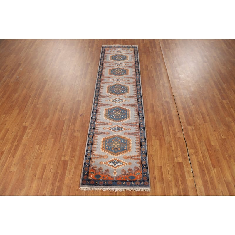 Geometric Viss Indian Runner Rug Handmade Gray Wool Carpet - 2'6"x 9'7"