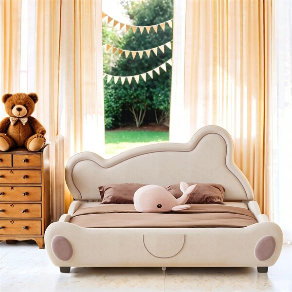 Queen Size Velvet Platform Bed with Bear-Shaped Headboard