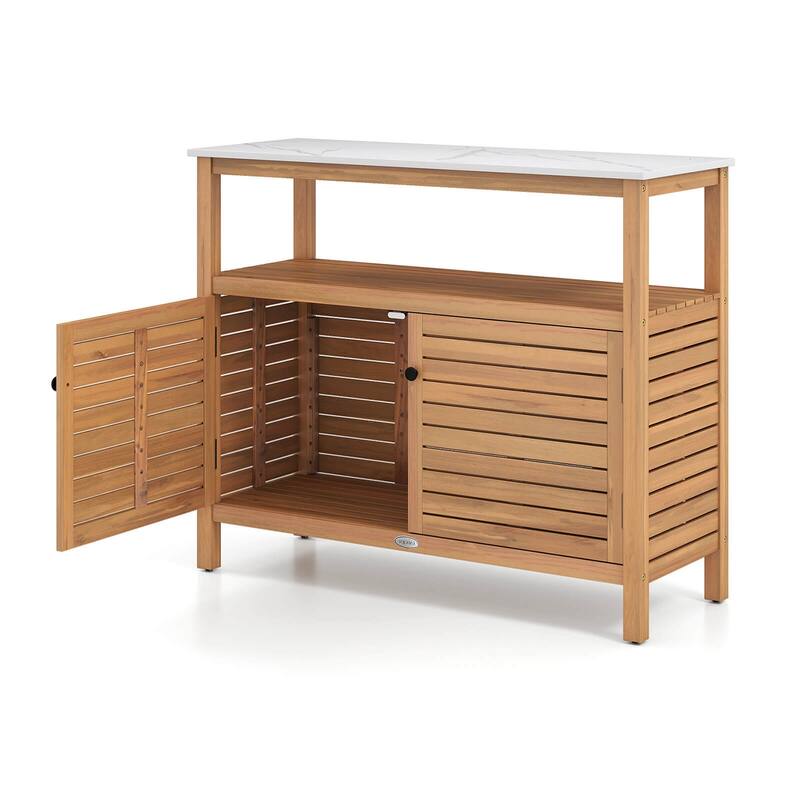 Costway Patio Wood Storage Cabinet with Marble-Like Countertop, Open - See Details