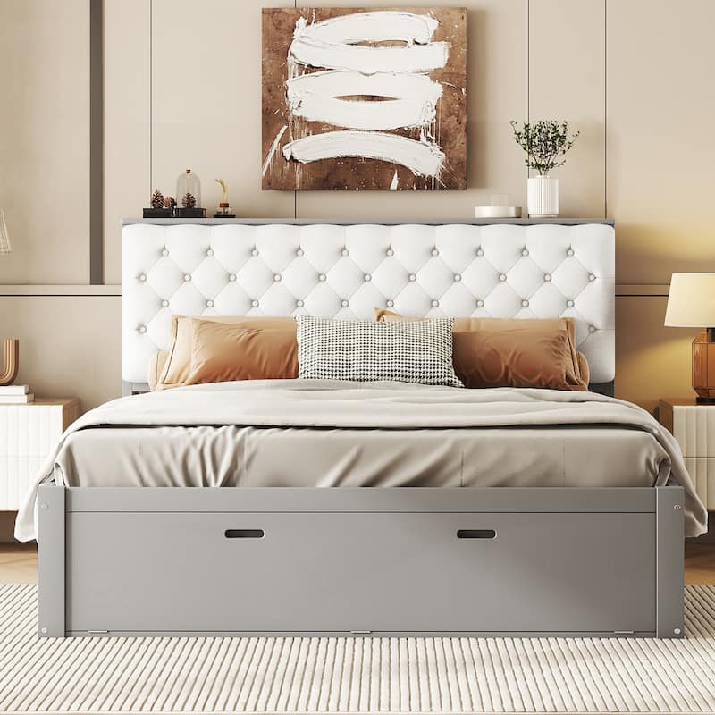 Gray Queen Size Wood Platform Bed with Storage Headboard, Shoe Rack and 4 Drawers