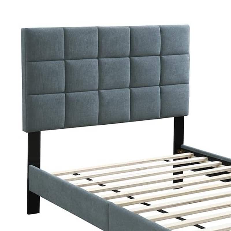 Lilian Twin Bed, Tufted Gray Linen Upholstery, Biscuit Tufted Stitch