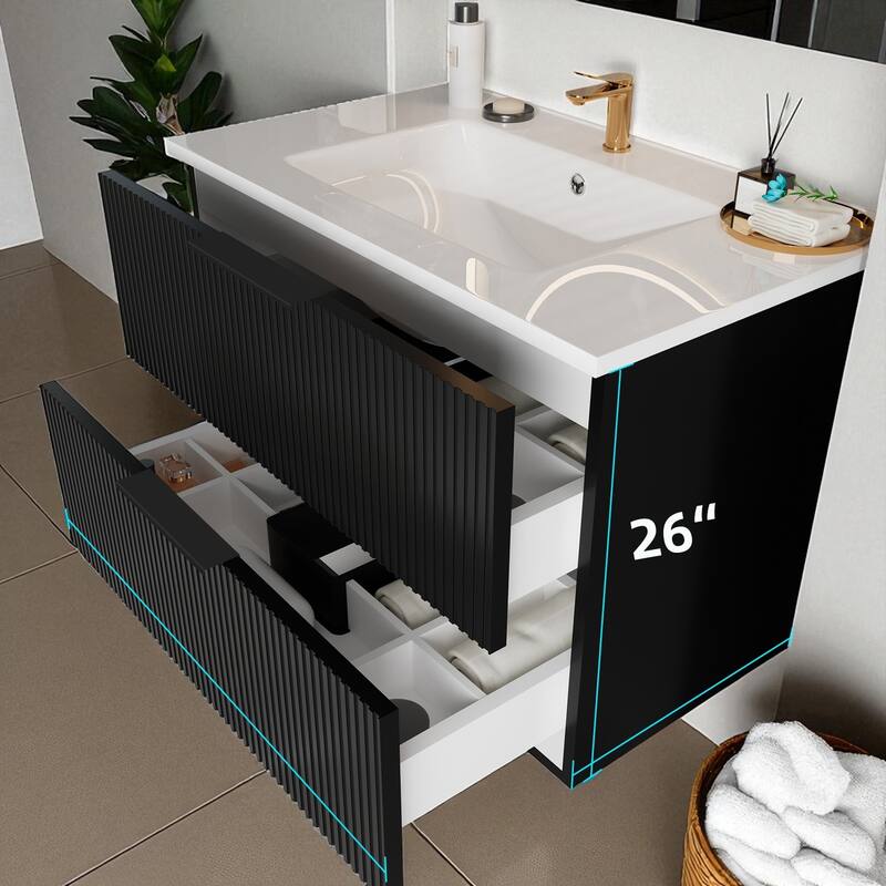 36 Inch Floating Bathroom Vanity with Ceramic Sink, Wall Mounted Fluted Cabinet with 2 Drawers, Modern MDF Design